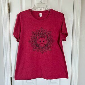 District Cat Mandala Design T-Shirt -Women's Size XL - Red with Black